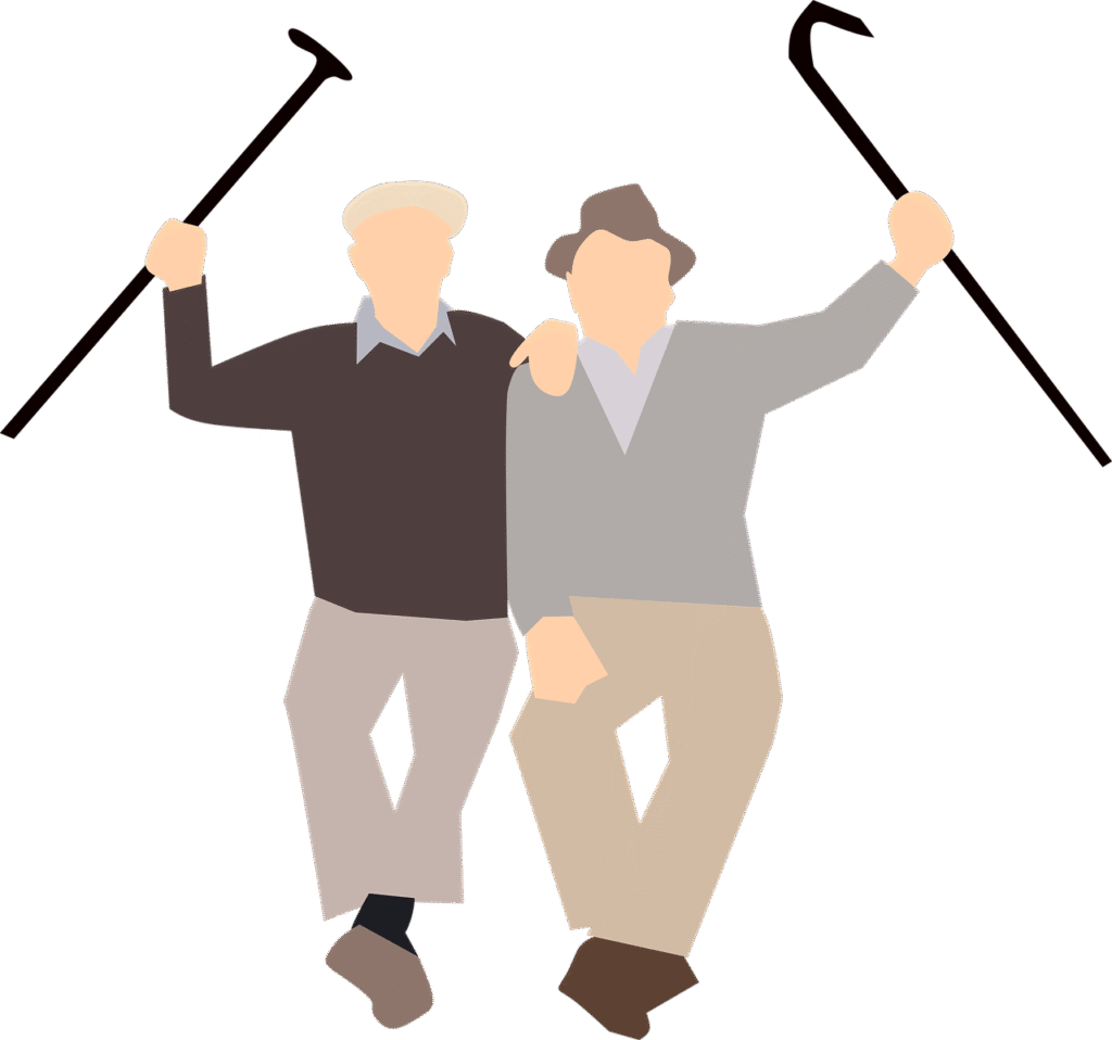man smiling while using cane with friend — keep your spirits high