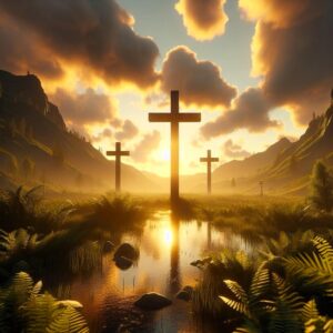 Christ died for us while we were still sinners – symbolic cross with light breaking through clouds