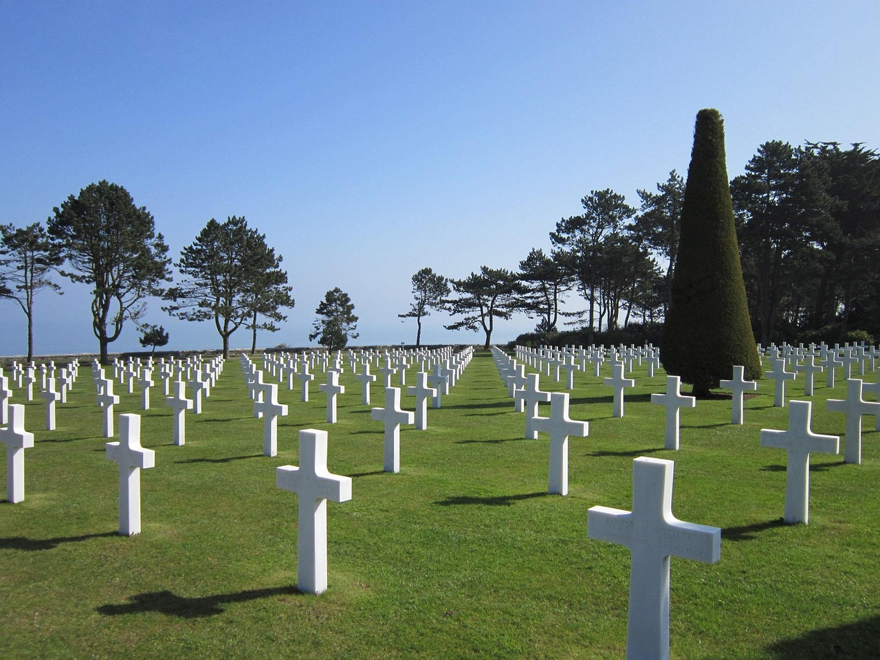 White crosses at American military cemetery in Europe symbolizing freedom and sacrifice