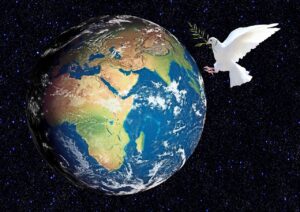 Heavenly light breaking through clouds over a calm earth, symbolizing divine peace on earth