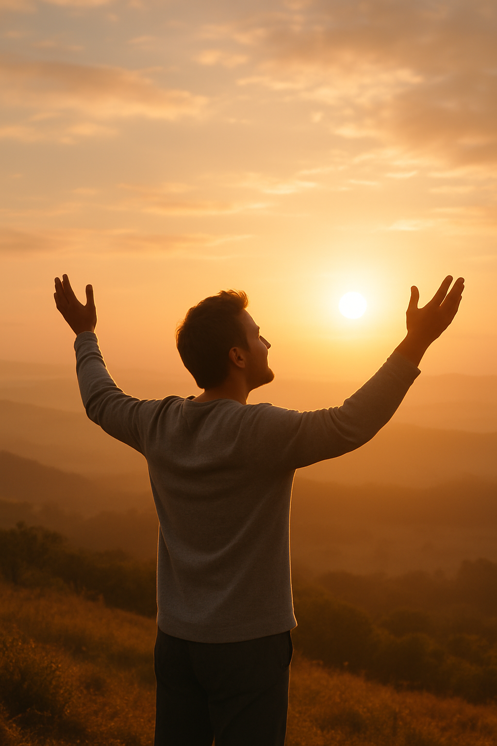 Satisfaction from the Lord shown by man at sunrise.