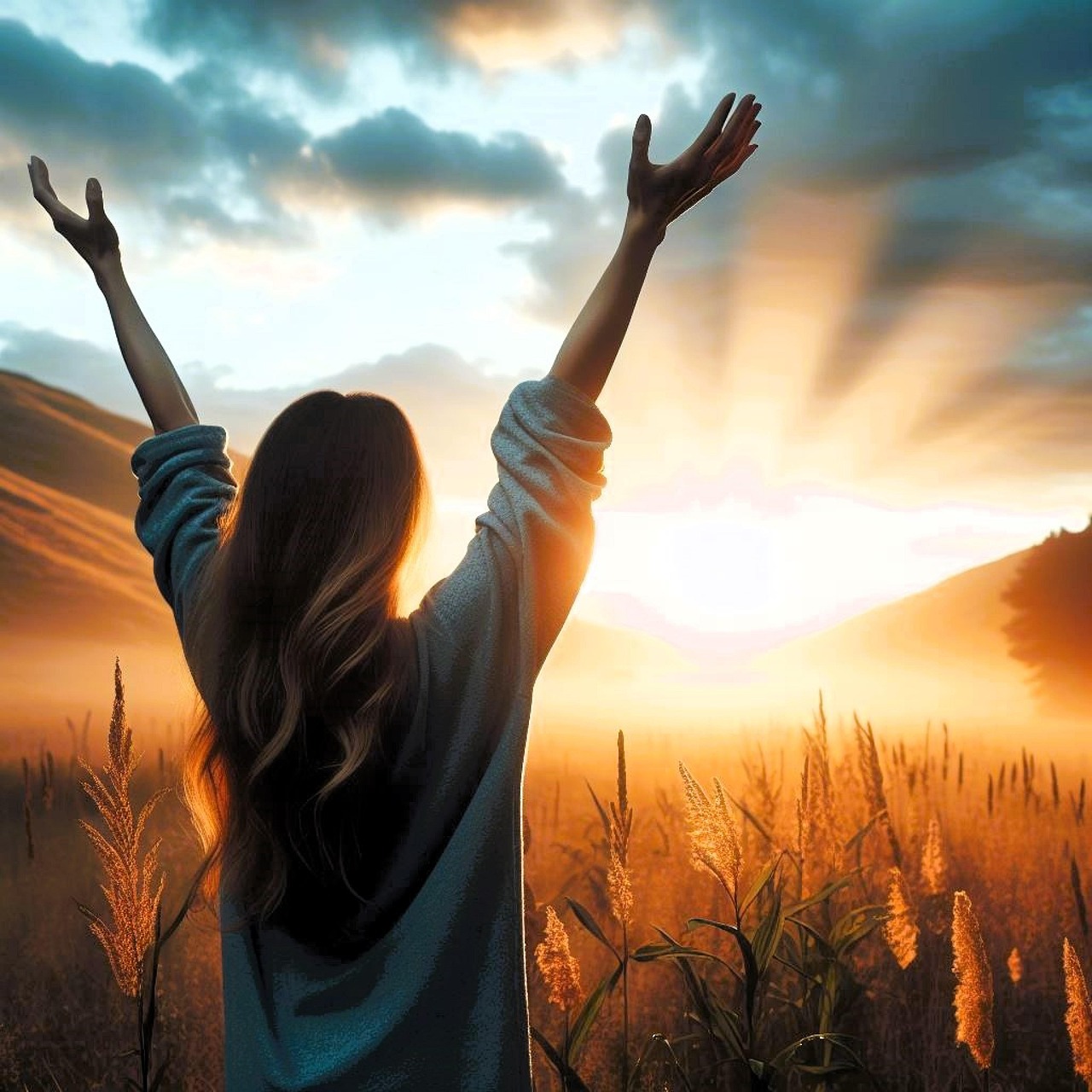 Hands raised in worship with sunrise light, symbolizing praise God from whom all blessings flow