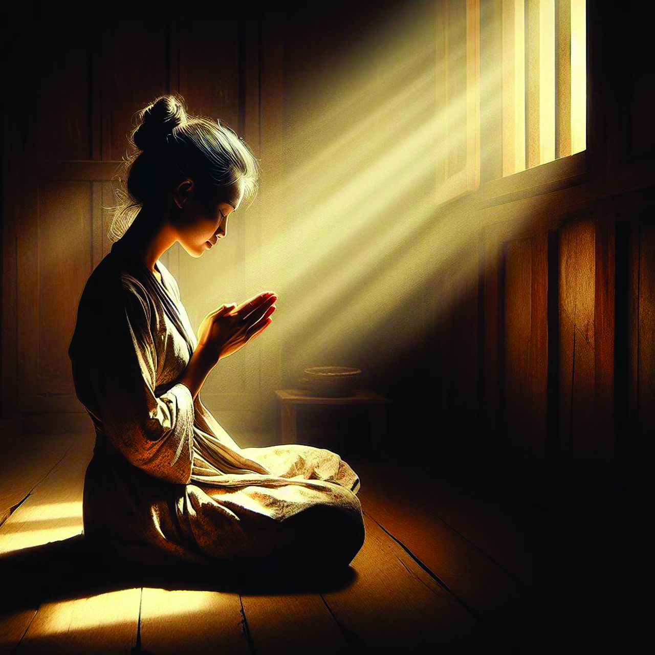 A listening heart kneeling in quiet prayer, symbolizing servant leadership