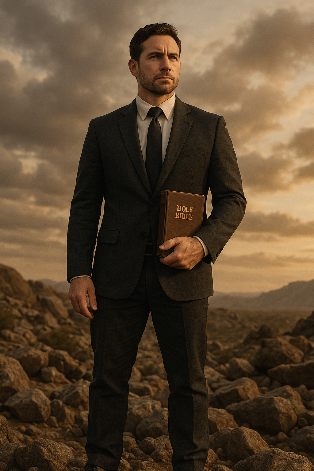 Man standing firm on rocky ground holding Bible—symbol of keeping promises and Christian integrity