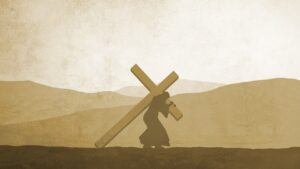 A believer carrying a wooden cross at sunrise, symbolizing “take up your cross.”