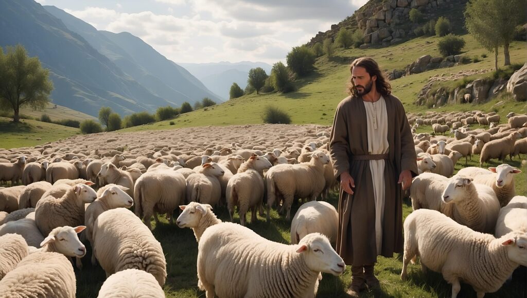 Shepherd leading sheep along a path for His namesake