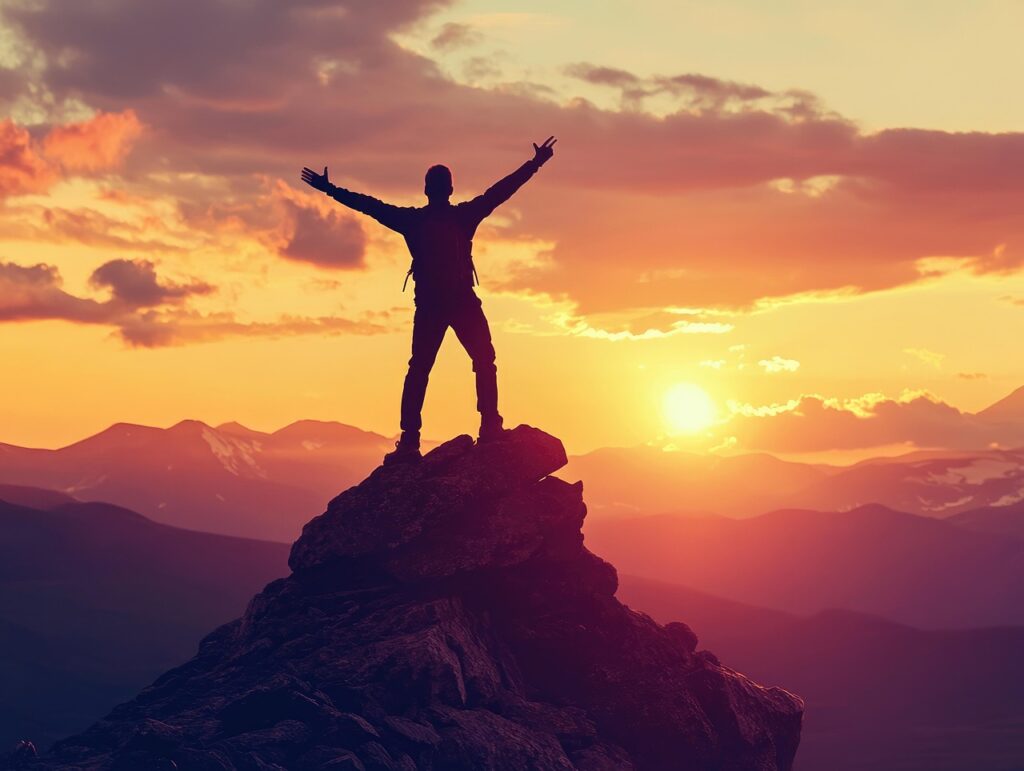 person standing strong on a mountain peak with arms lifted in victory