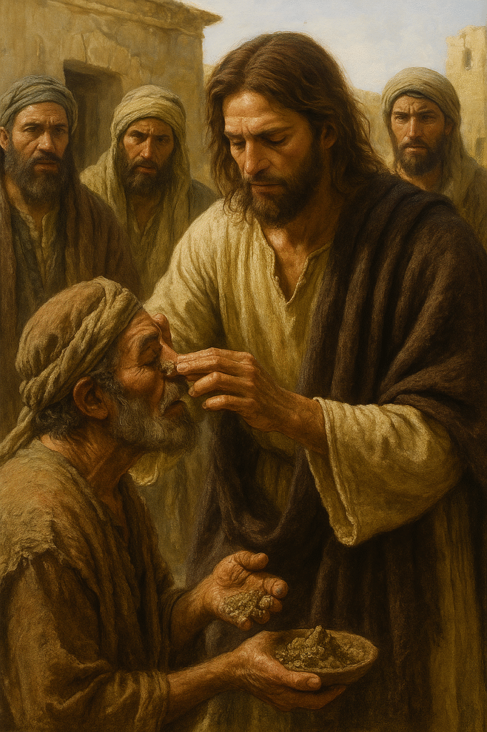 Jesus healing the blind man and restoring his sight