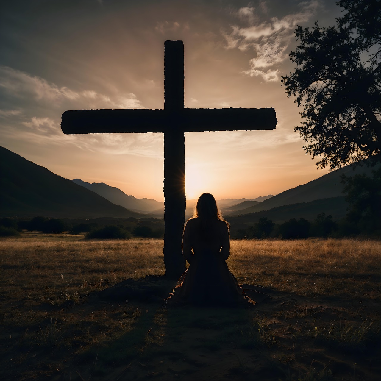 girl praying-cross-sunset symbolizing God's grace