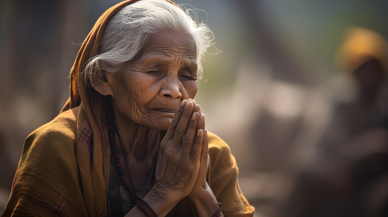 Elderly woman praying in the temple