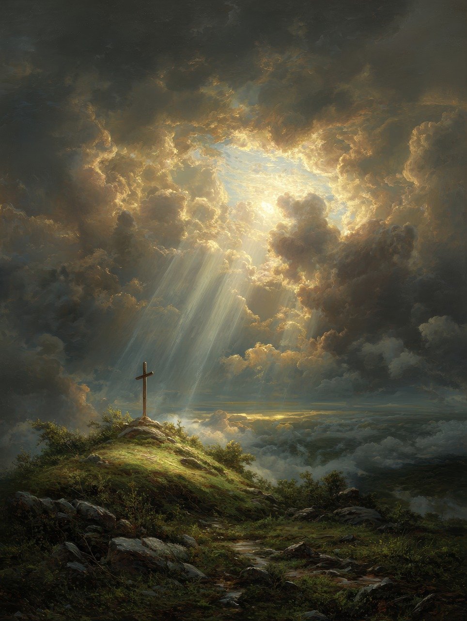 Sunrise cross on hill path leading to light rays, symbolizing hope and saints in Christ