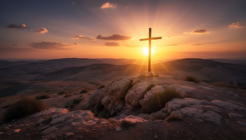 Cross at Calvary silhouetted against a dramatic sky