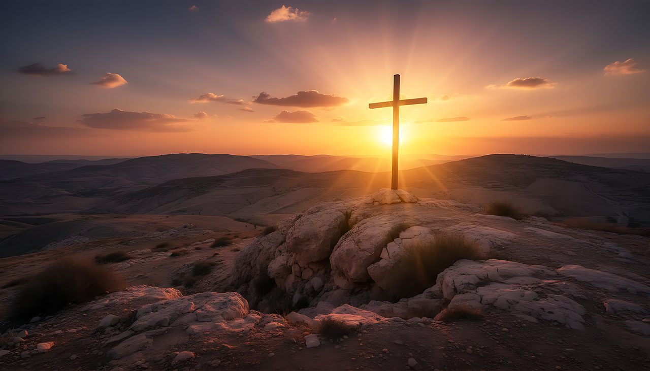 Cross at Calvary silhouetted against a dramatic sky