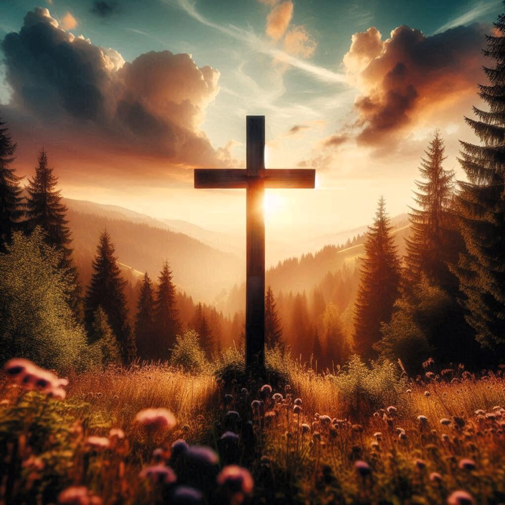 Cross silhouetted against sunrise representing salvation through Jesus Christ