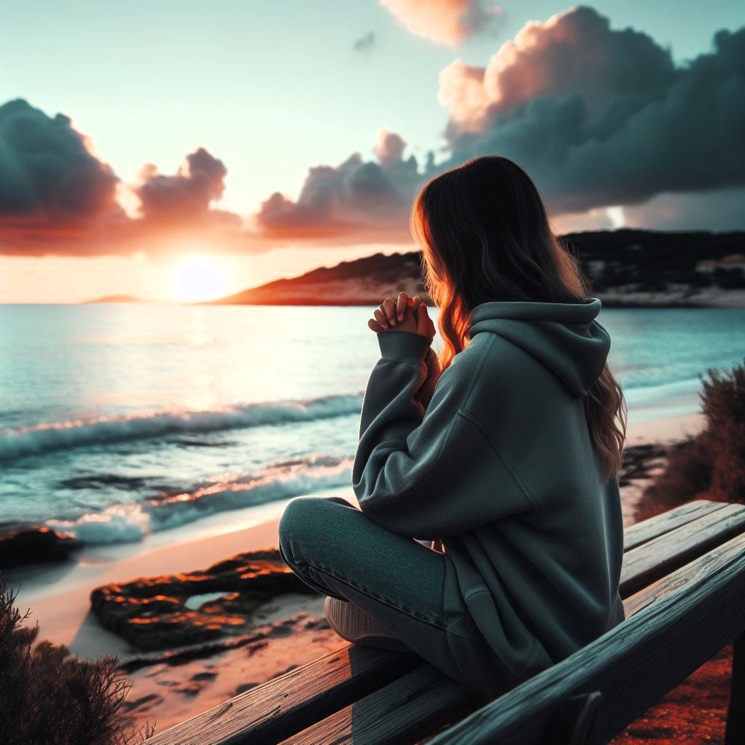 Person praying and finding strength in God during sunrise