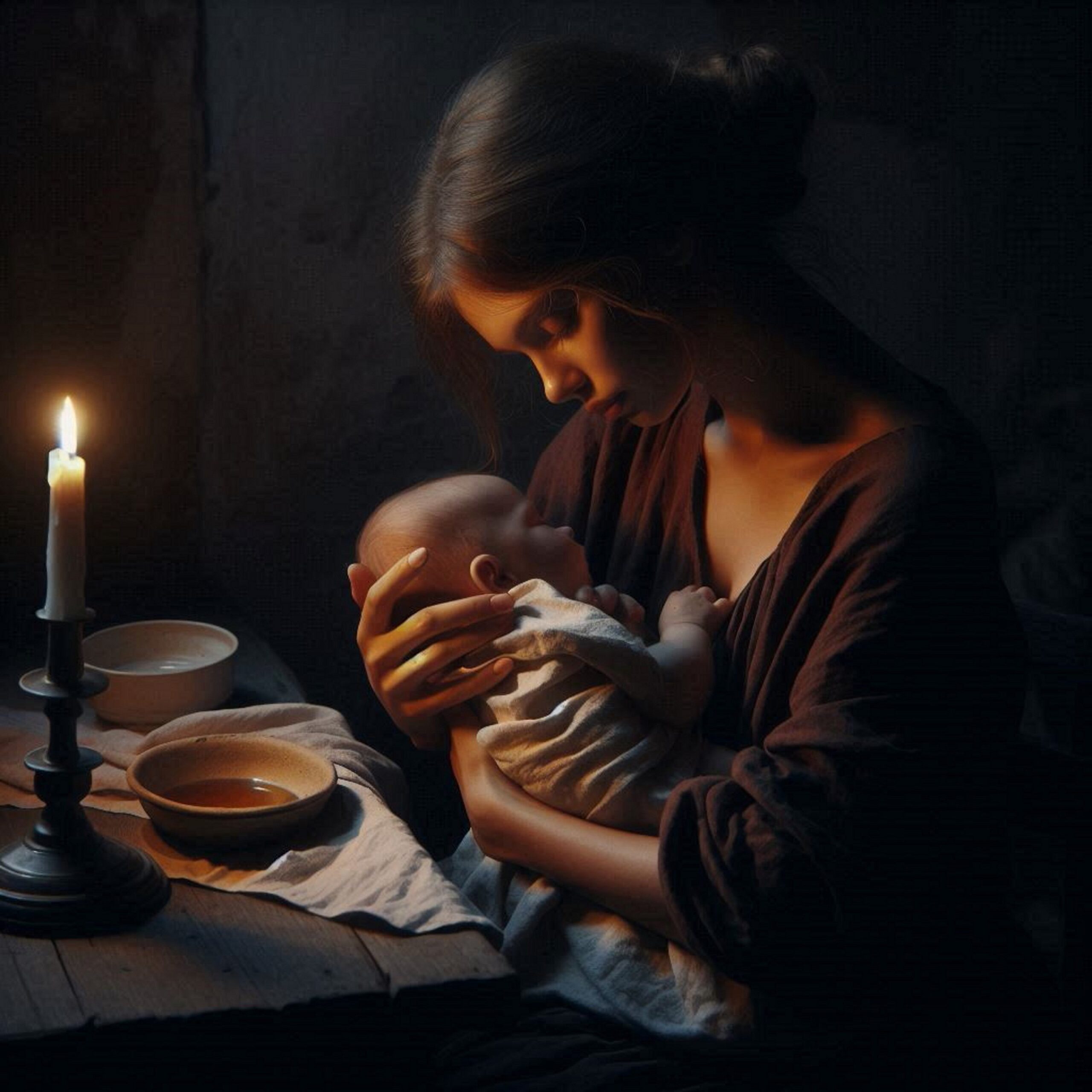 Mother praying with child
