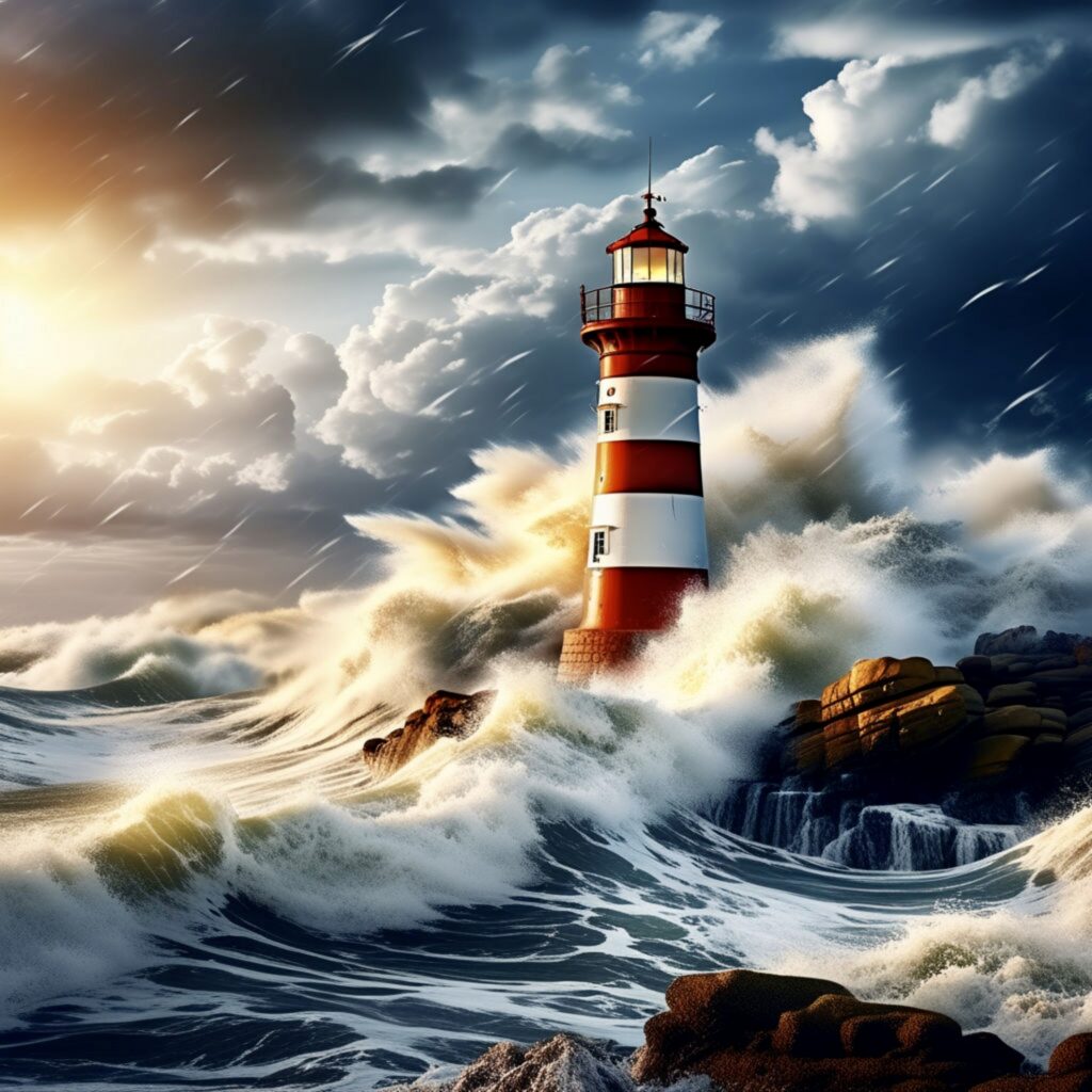 Peaceful lighthouse shining during a storm representing God’s comfort in grief