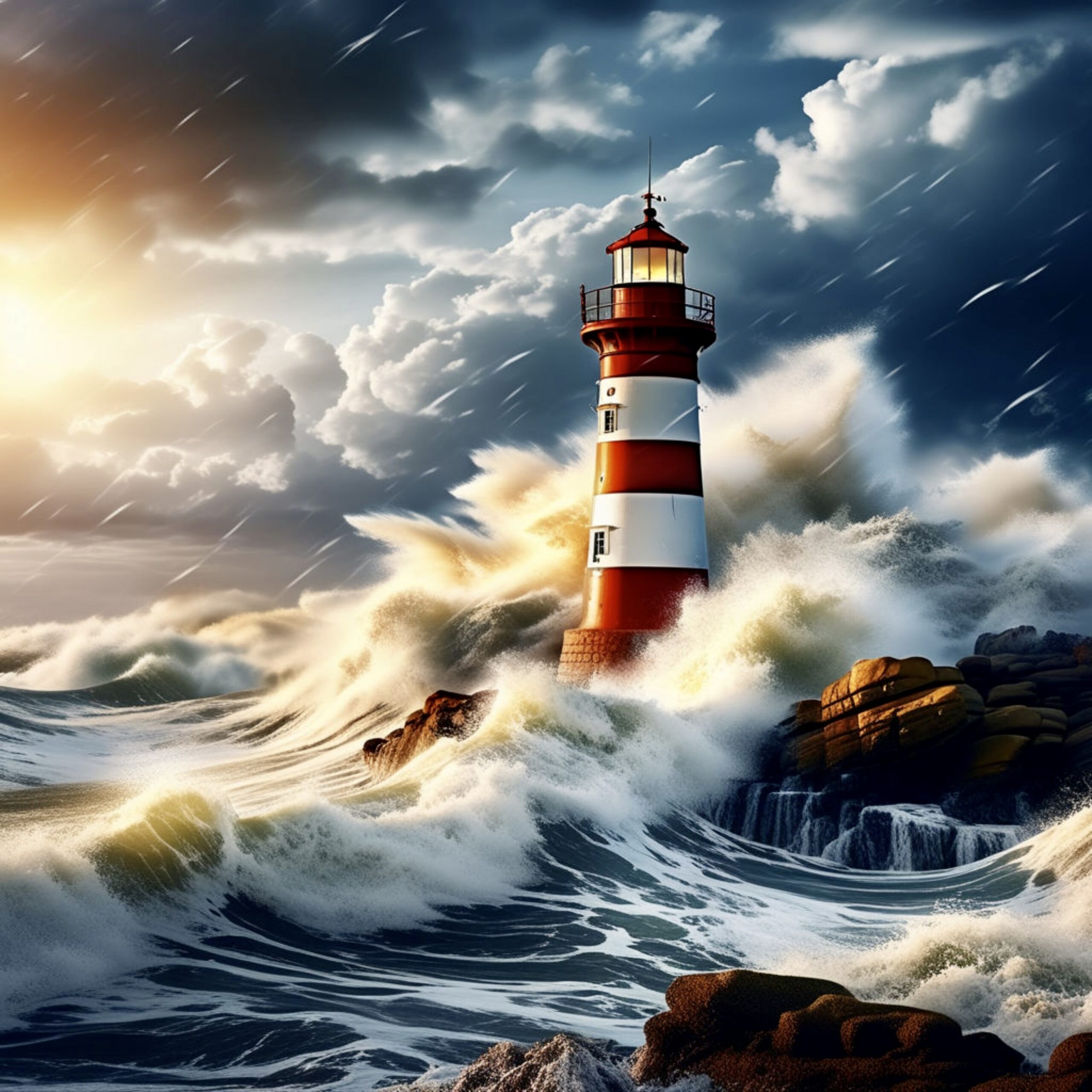 Peaceful lighthouse shining during a storm representing God’s comfort in grief
