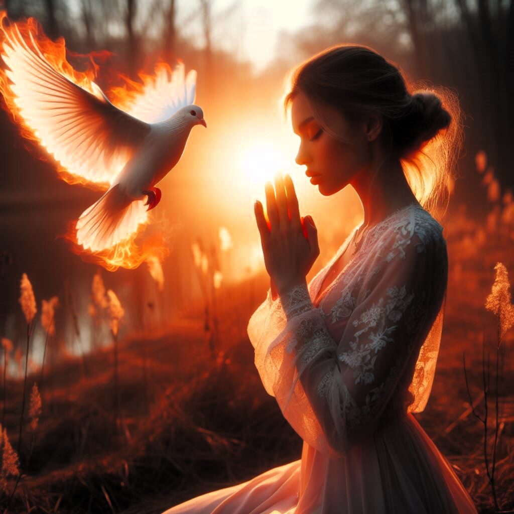 Christian praying with a dove nearby symbolizing the Holy Spirit abiding is us