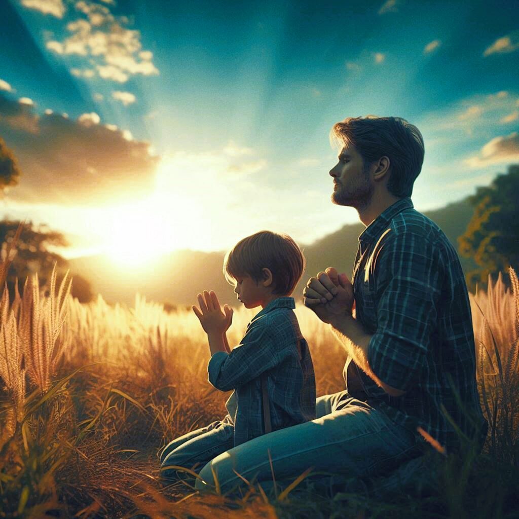 Parent guiding child in prayer and biblical teaching
