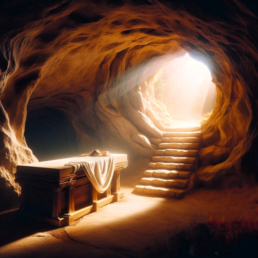 Empty tomb at sunrise symbolizing the resurrection of Jesus Christ