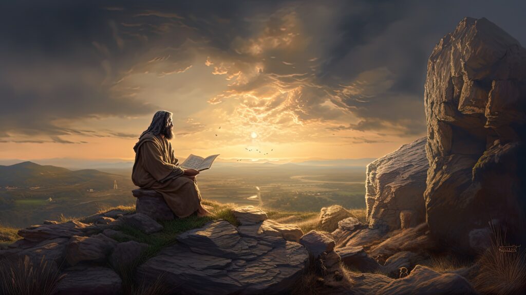 Jesus with an Open Bible beneath a star-filled sky representing faith and reason together