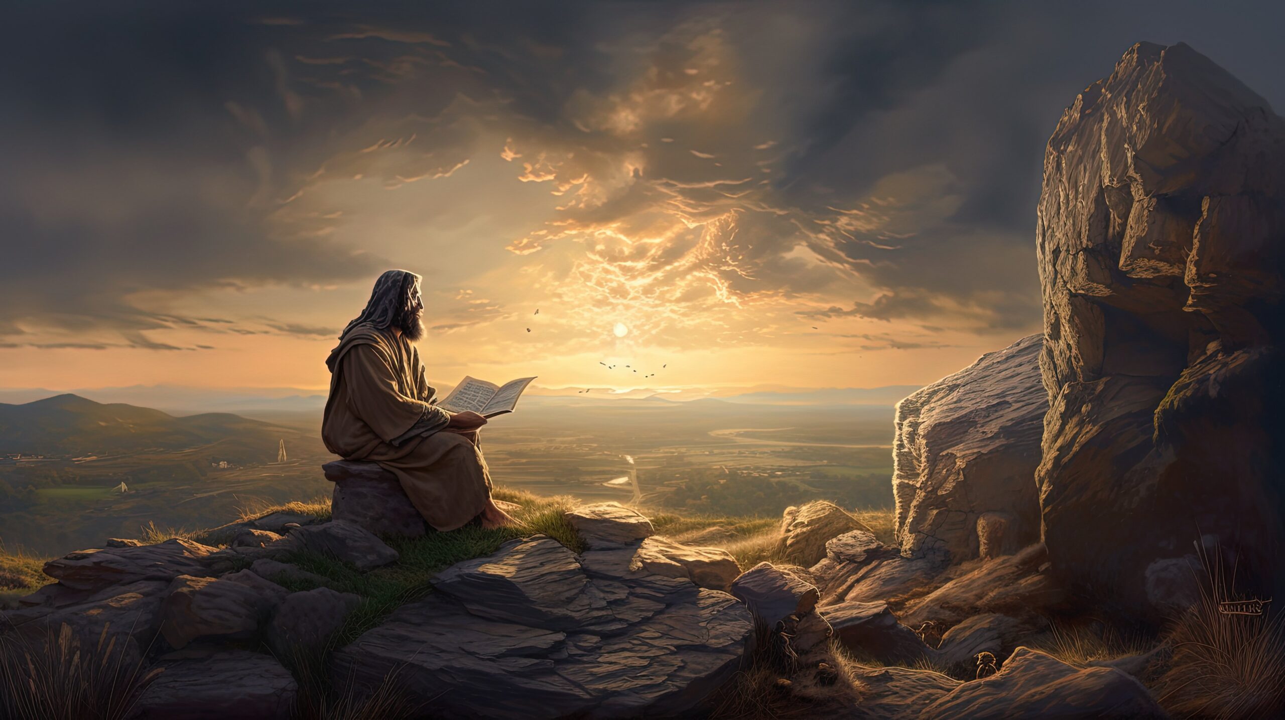 Jesus with an Open Bible beneath a star-filled sky representing faith and reason together