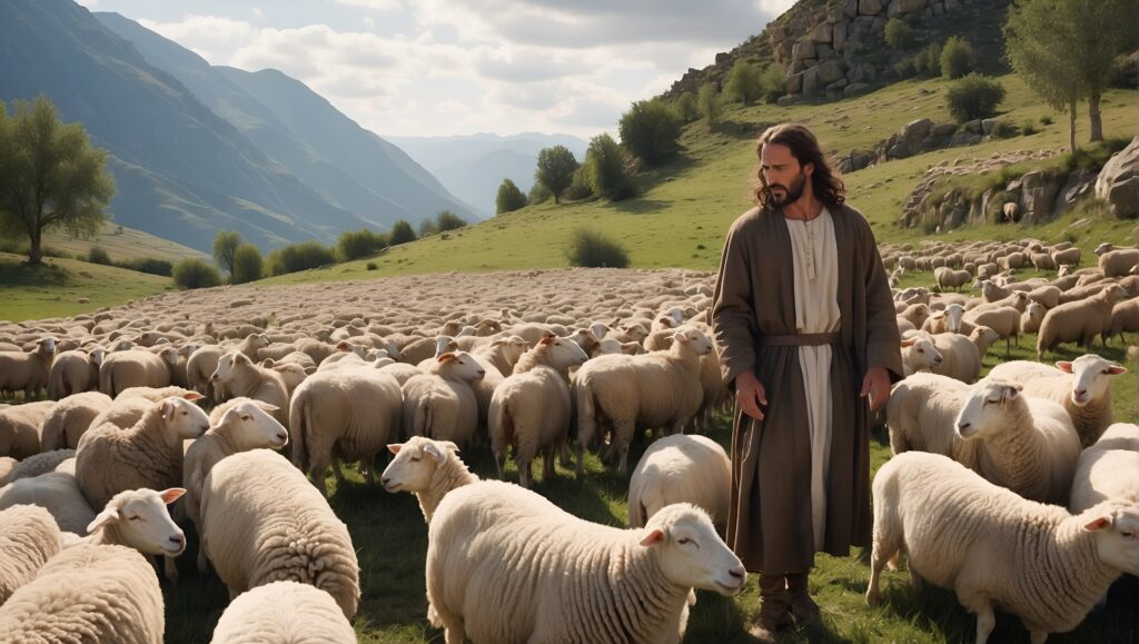 Shepherd guiding a flock across a peaceful landscape.