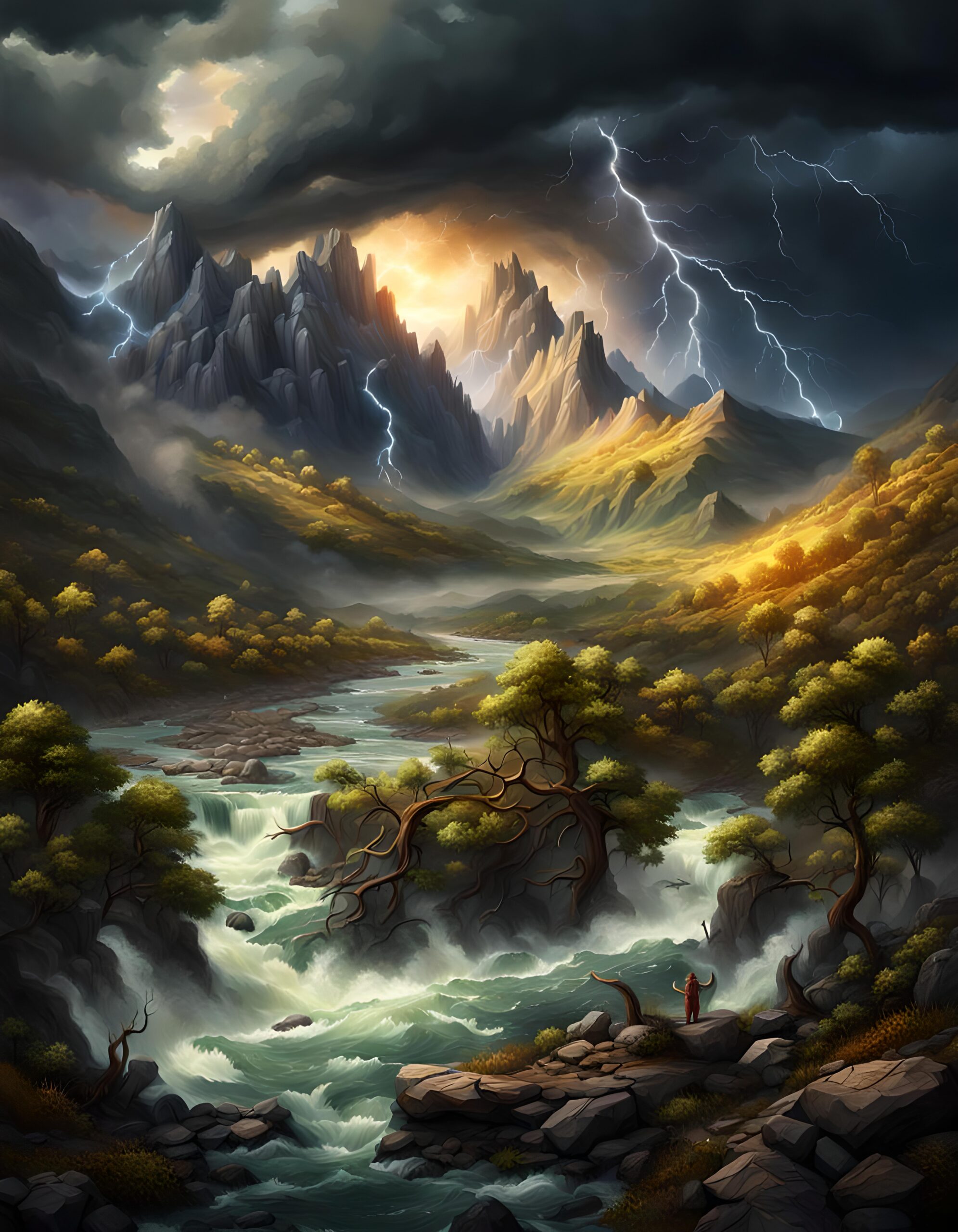Sunrise breaking through dark storm clouds over a mountain landscape, symbolizing Jesus Christ as the Eternal Light overcoming darkness.