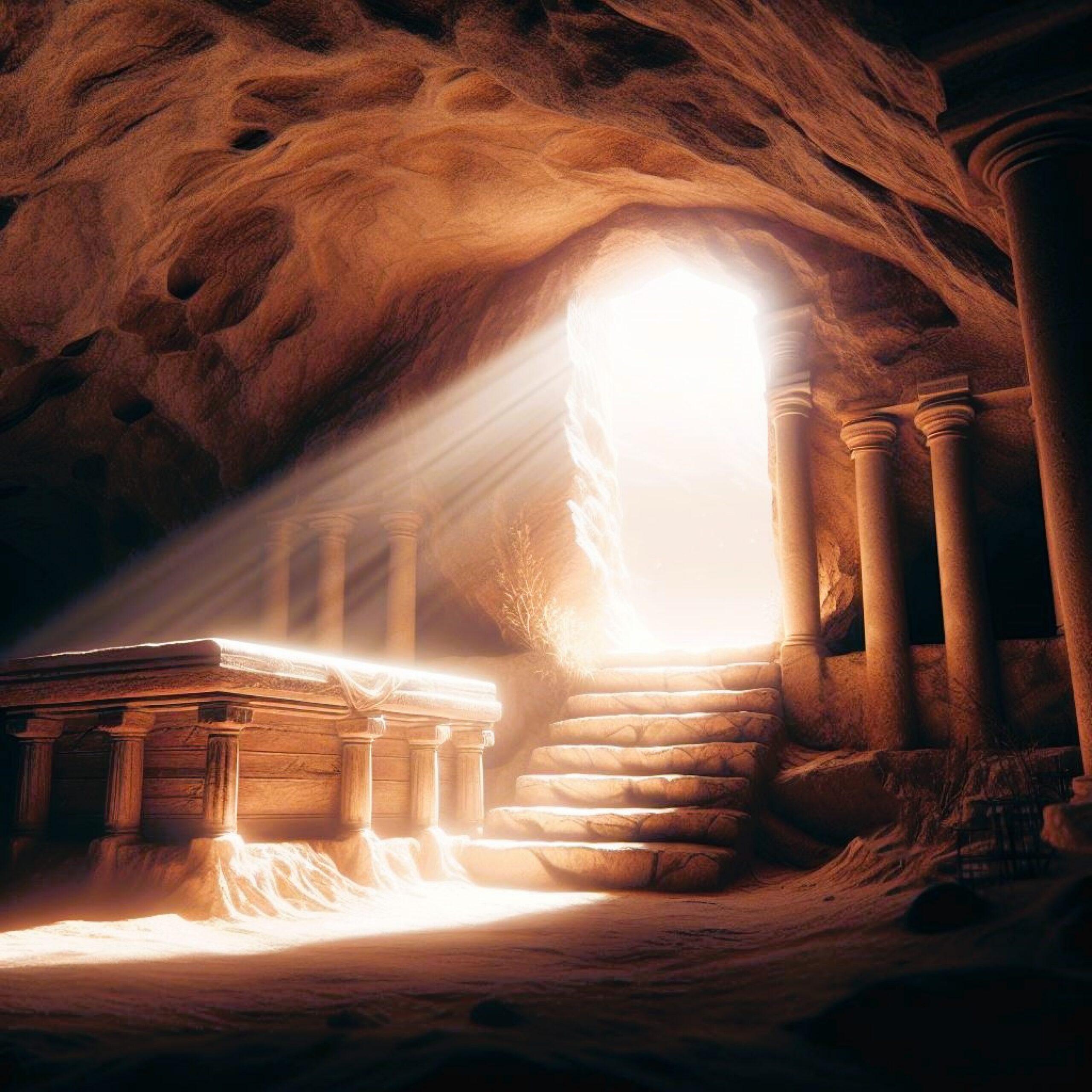 Empty tomb at sunrise celebrating the resurrection of Jesus Christ and the hope of eternal life.