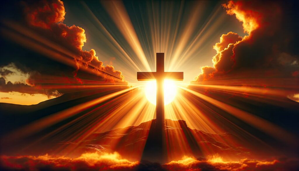 Wooden cross silhouetted against a radiant sunrise, symbolizing Christ's sufficient sacrifice, grace, hope, and the assurance of salvation.