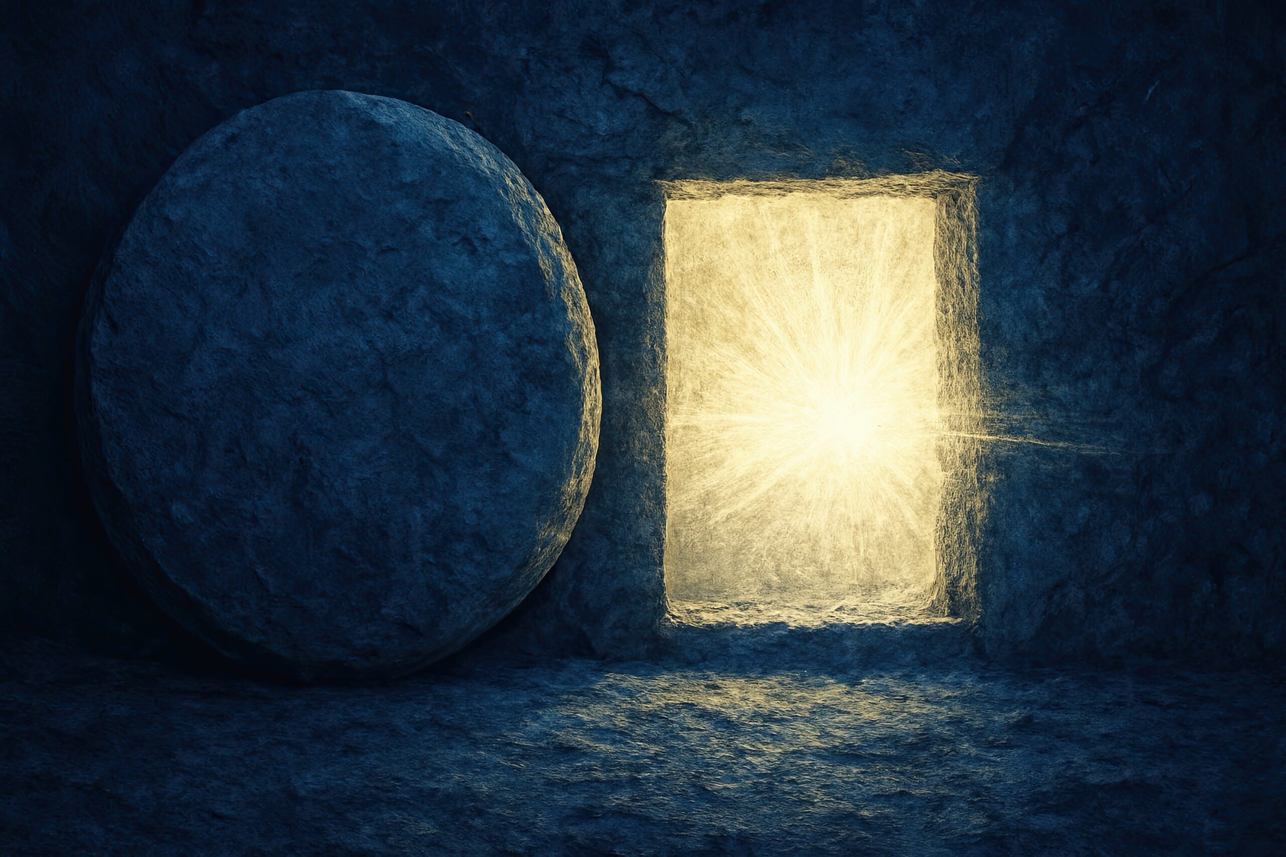 Empty tomb at sunrise with the stone rolled away, symbolizing the resurrection of Jesus Christ and the hope of eternal life.