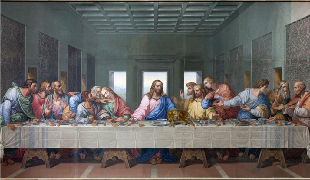Jesus and His Deciples gathered around a dinner table praying together before sharing a meal with joyful hearts.