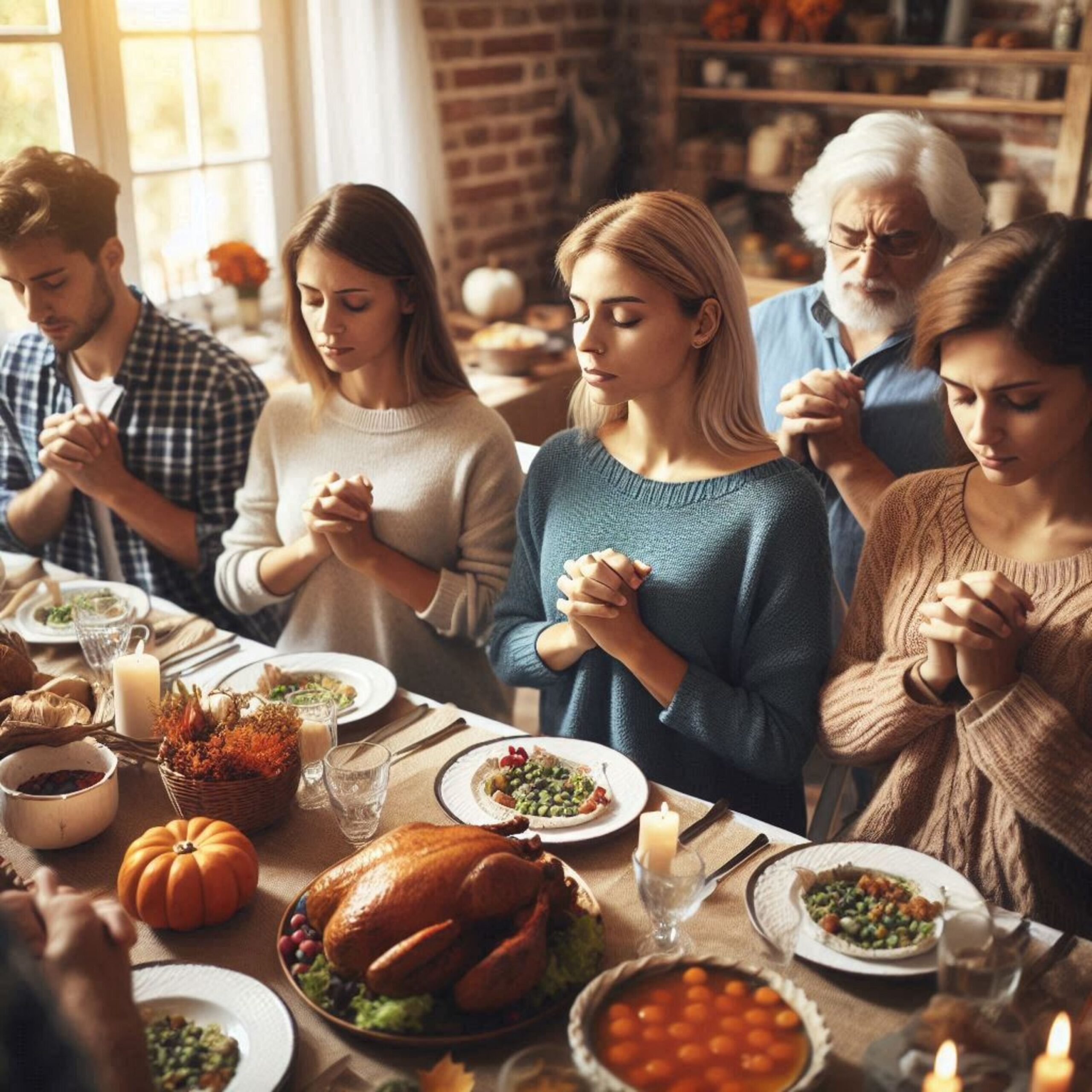 Family bowing heads in prayer and thanksgiving before a meal