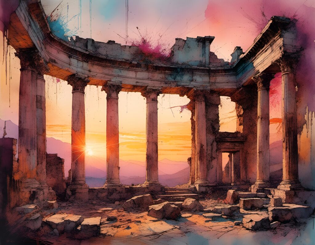 Ancient Roman ruins bathed in golden sunlight, symbolizing the spread of faith through the early church