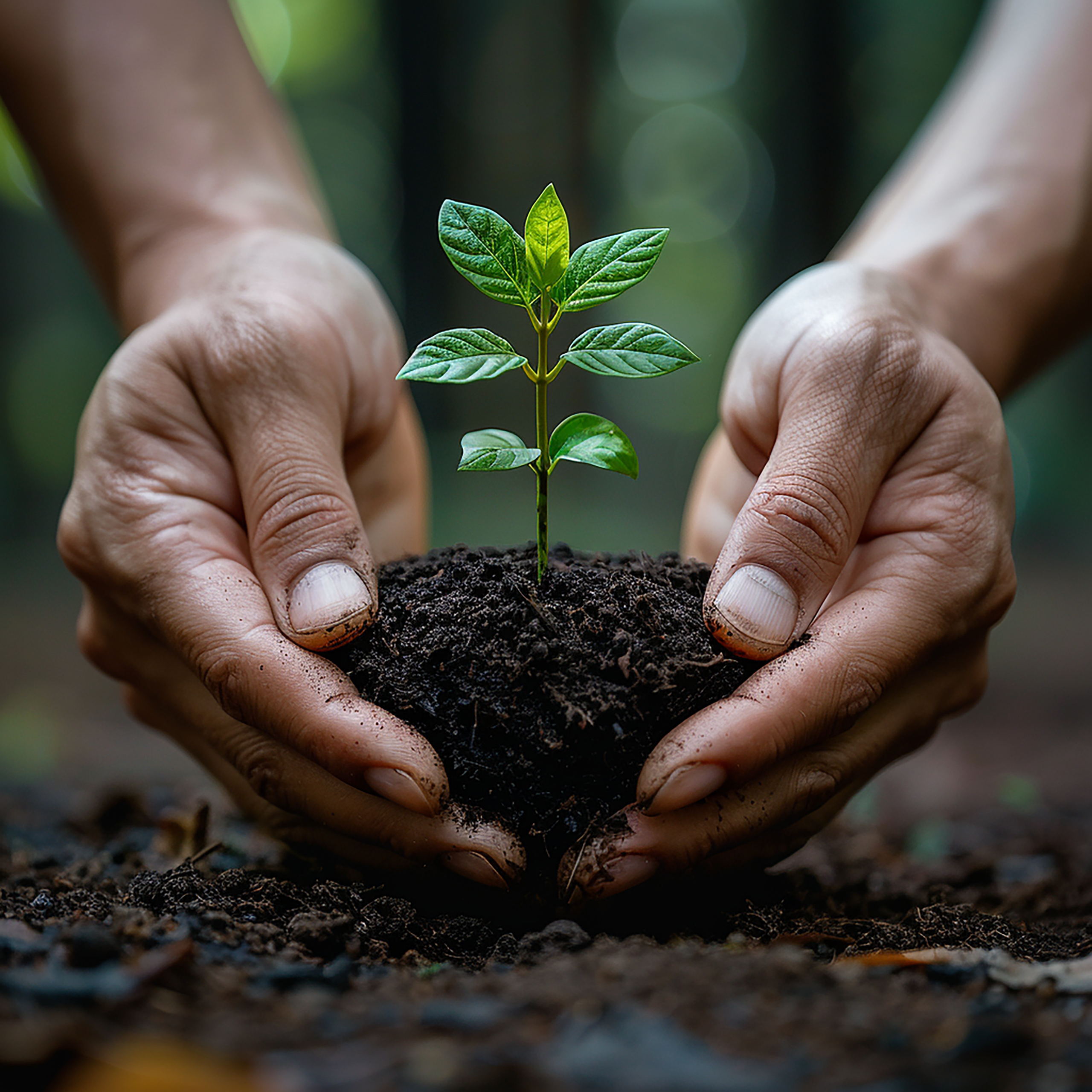 Gardener's hands gently tending young plants in rich soil, illustrating dominion versus domination and God's call to faithful stewardship