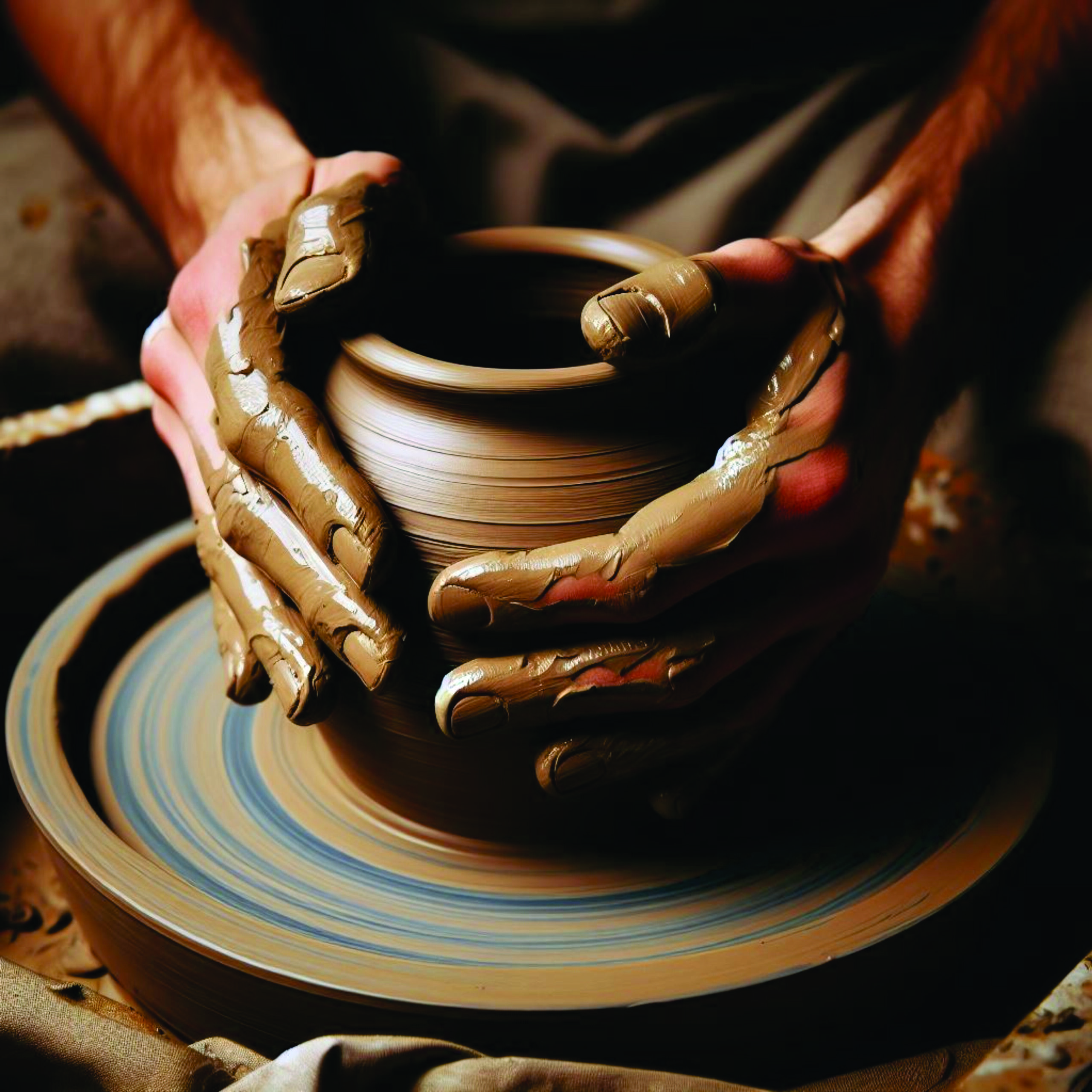 Potter’s hands shaping wet clay on a spinning wheel, a picture of God the Potter shaping each believer for His purpose