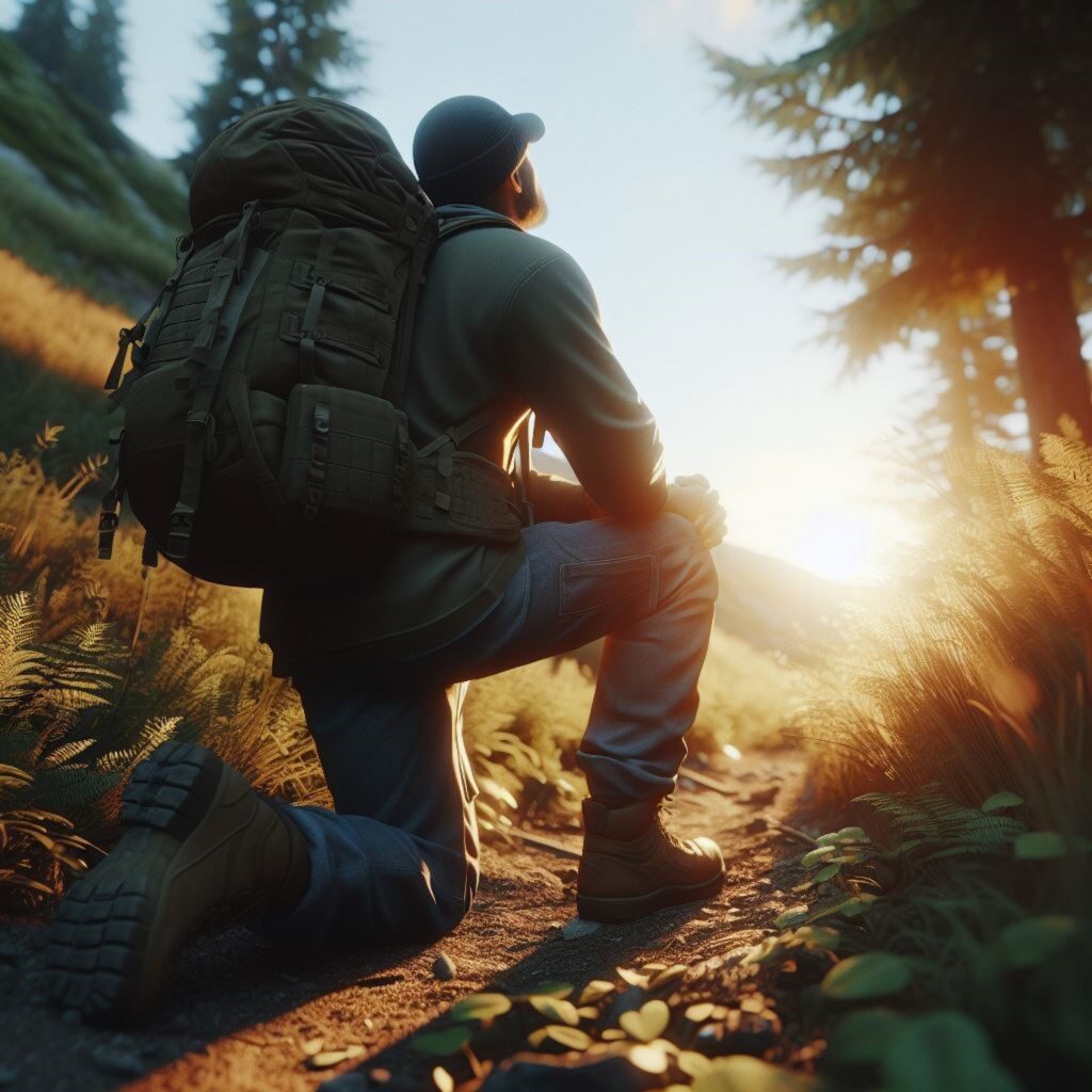 A lone figure kneeling in prayer at sunrise, a picture of forgiveness and hope amid the consequences of sin