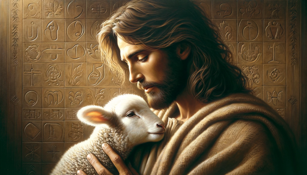 A shepherd carrying a lamb on his shoulders, illustrating the parable of the lost sheep