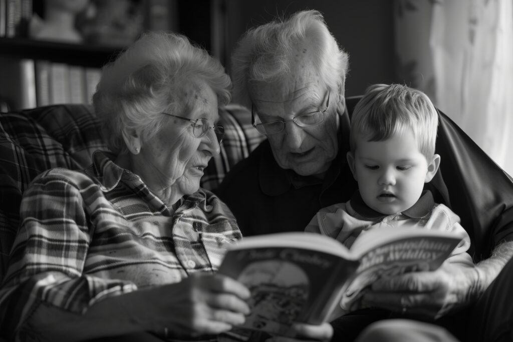 Grandfather sharing an open Bible with his grandchild, a picture of passing faith to the next generation