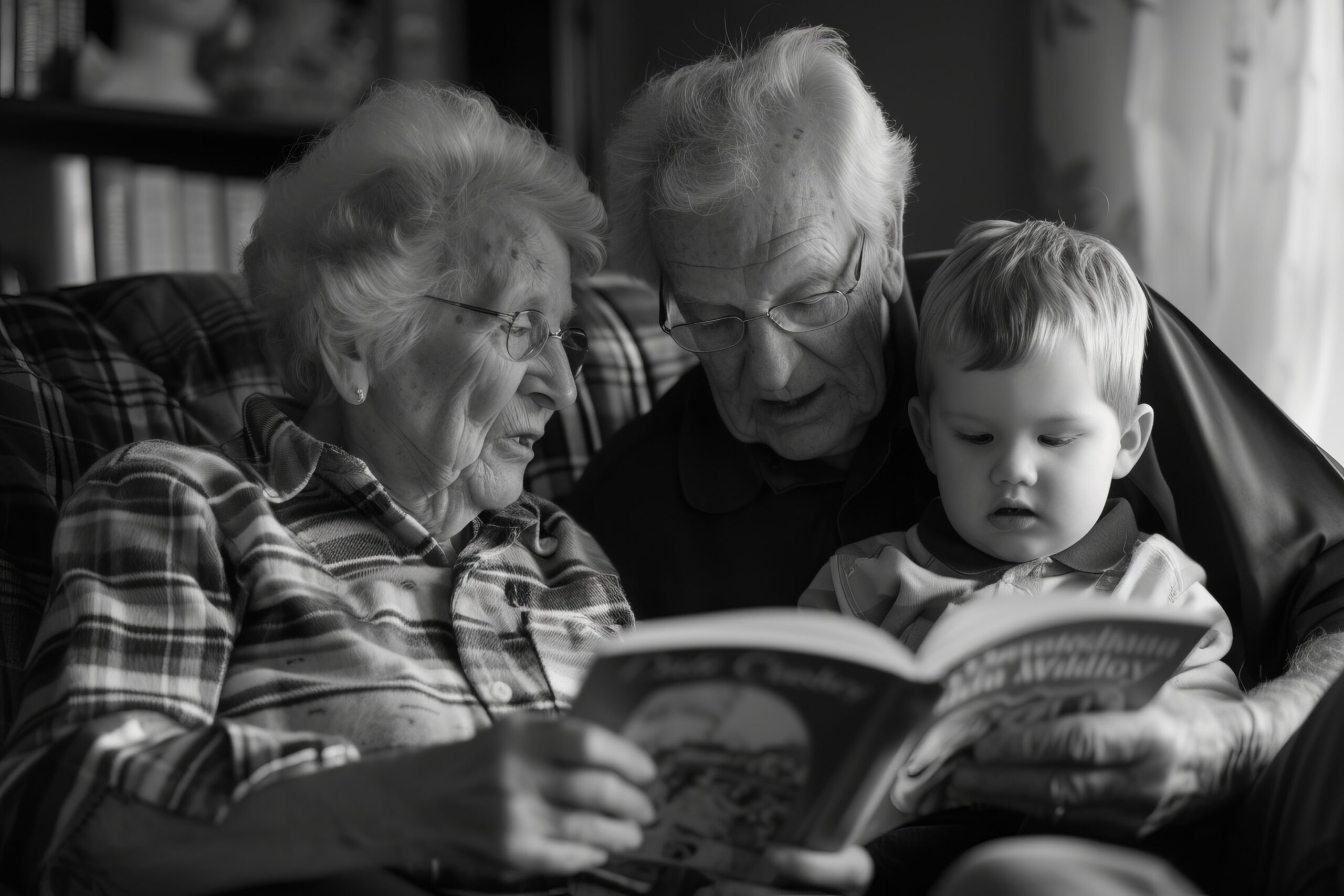 Grandfather sharing an open Bible with his grandchild, a picture of passing faith to the next generation